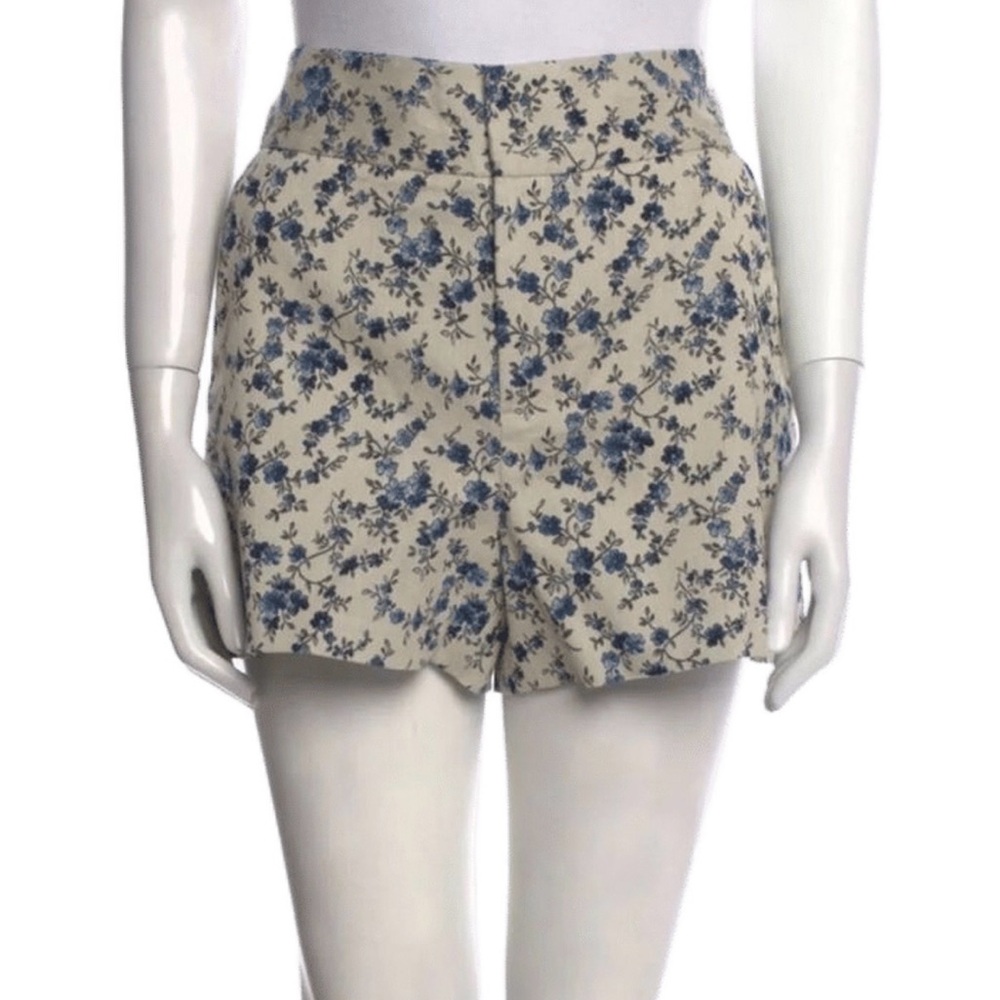 Alice + Olivia Cream High-Waist Floral Shorts with Blue Print